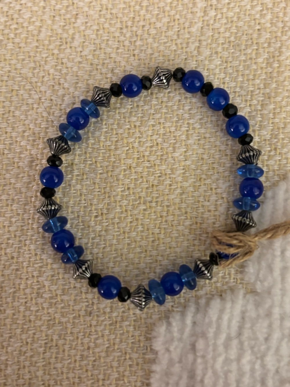 Blue & Black Beaded Stretch Bracelet with Silver Accents